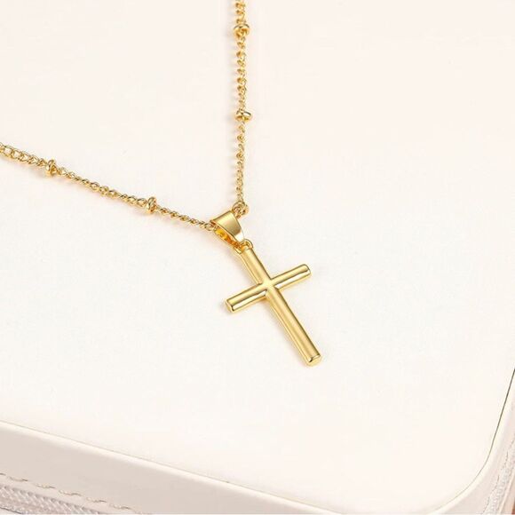 Jewelry - Gold 14k Gold Plated Beaded Cross Pendant Necklace